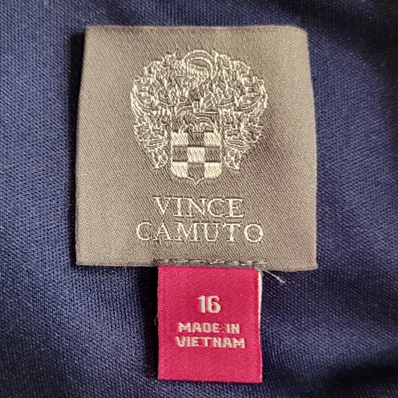 Vince Camuto Navy Blue Sheath Dress 3/4 Sleeve Yellow White Stripe Size 16 - Picture 2 of 5